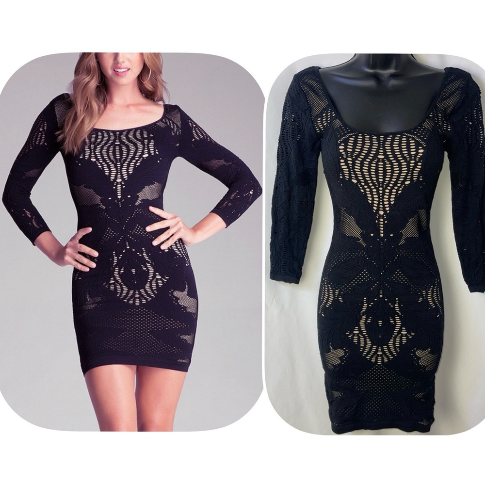 bebe Black Lace Cut-Out Nude Illusion Cocktail Party Dress w/ Long Sleeves